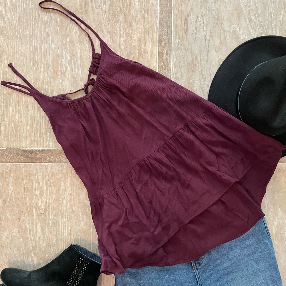 Plum adjustable tie peplum tank